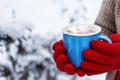 woman hands holding mug with hot cocoa Royalty Free Stock Photo