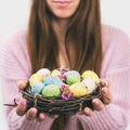 Woman hands holding painted easter egg in a small nest. Toned picture. Selective focus. Royalty Free Stock Photo