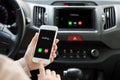 woman hands holding Phone and multimedia system with calling screen Royalty Free Stock Photo