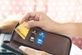 Woman hands holding purse and picking credit card. E-business payment