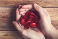 Woman hands holding a red gift heart with bow on wooden background