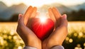 Woman Hands Holding a Red Heart Illuminated by the Sun - Generative Ai Royalty Free Stock Photo