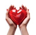 Woman hands holding red love heart shape decor thing, on white background, realistic design illustration, generative ai