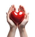 Woman hands holding red love heart shape decor thing, on white background, realistic design illustration, generative ai