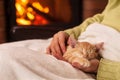 Woman hands holding sleeping ginger kitten in front of fireplace Royalty Free Stock Photo