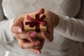 Woman hands holding a small present box with red ribbon over. Valentine gift box Royalty Free Stock Photo