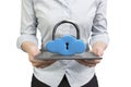 Woman hands holding smart tablet with cloud shape lock