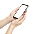 Woman hands holding smartphone isolated