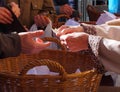 Woman hands holding some euro coins. Pension, poverty, social problems and senility theme