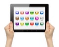 Woman hands holding tablet PC with icons Royalty Free Stock Photo