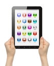 Woman hands holding tablet PC with icons Royalty Free Stock Photo