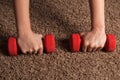 Home Fitness: Young Girl Training with Red Dumbbell