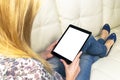 Woman hands holding and using tablet computer with white screen. Blank empty screen. Copy Space for text. white