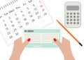 Woman hands holding the W-8BEN Tax Form. A woman signing or filling the form. A calendar, a pen and calculator. Tax Day. Vector Royalty Free Stock Photo