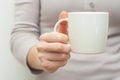 Woman hands holding white cup of tea or coffe Royalty Free Stock Photo