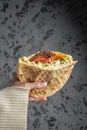 Woman hands holds doner kebab. Fast food take away. copy space