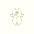 Woman hands hope with flowers line logo