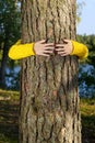 Woman hands hugging pine tree trunk in autumn forest Ecology and environment concept, eco lifestyle - change the world, protection Royalty Free Stock Photo