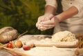 Woman hands kneading dough