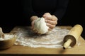 Woman hands kneading fresh dough for making bread or pizza. Royalty Free Stock Photo