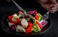 Woman hands with knife and fork eat Fresh salad with chicken breast, cheese, black olives,red pepper, lettuce, fresh sald leaves a Royalty Free Stock Photo
