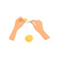 Woman hands knits with crochet. Ball of bright yellow yarn. Hobby and leisure theme. Flat vector design
