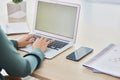 Woman hands, laptop mockup and typing, planning and working receptionist desk in modern office. Closeup keyboard