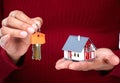 Woman Hands with little house and key. Royalty Free Stock Photo