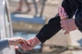 Woman hands man change after he has bought a whipped ice cream Royalty Free Stock Photo