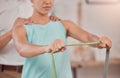 Woman hands, man and physiotherapy resistance band in for strong muscle growth, strength management or mobility