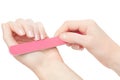 Woman hands manicure with nail file Royalty Free Stock Photo