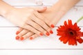 Woman hands manicure red nails. Focus on flower. Royalty Free Stock Photo