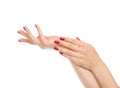 Woman hands with manicured red nails