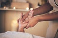 Woman, hands and massage in relax for spa treatment, body care or physical therapy at the resort. Closeup of female Royalty Free Stock Photo