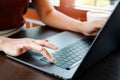 Woman hands office worker typing on the Enter keyboard