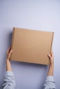 Woman hands open empty cardboard box, top view Royalty Free Stock Photo