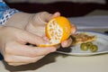 Woman hands opening tangerine Royalty Free Stock Photo