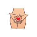 Woman with hands over her crotch. Hands in a gesture of heart with red heart inside. Intimate hygiene. Gynecology and Health