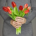 Woman hands with perfect nail art holding pink spring flowers tulips, sensual studio shot Royalty Free Stock Photo