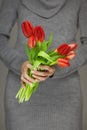 Woman hands with perfect nail art holding pink spring flowers tulips, sensual studio shot Royalty Free Stock Photo