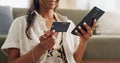 Woman, hands and phone with credit card for online shopping, payment or transaction in living room at home. Closeup of Royalty Free Stock Photo