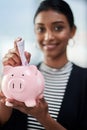 Woman, hands with piggy bank and saving money for future investment, financial freedom and growth closeup. Inflation Royalty Free Stock Photo