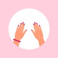 Woman hands with pink nails manicure. Isolated. Vector