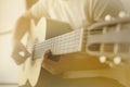 Woman hands playing acoustic classic guitar the musician of jazz and easy listening style select focus shallow depth of field