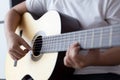 Woman hands playing acoustic classic guitar the musician of jazz and easy listening style select focus Royalty Free Stock Photo