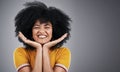 Woman, hands and portrait of fashion, excited and smile for clothes, mockup and confidence of girl. Afro, happy and