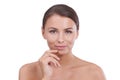 Woman, hands and portrait with wellness, skincare and cosmetics with beauty, confident and face. Skin, female person and
