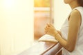 Woman hands praying on a holy bible in church for faith concept, Spirituality and Christian religion Royalty Free Stock Photo