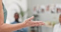 Woman, hands and presentation with group for meeting, speech or coaching at office. Closeup of person, spokesperson or