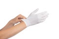 Woman hands putting on a latex gloves Royalty Free Stock Photo